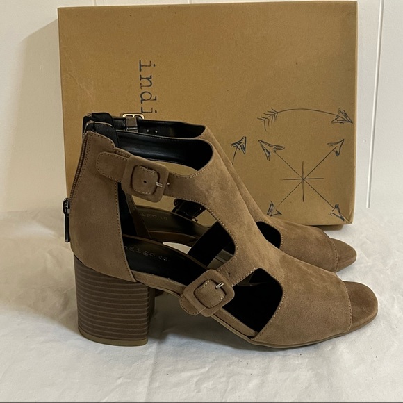 Tan open-toed block heels suede with buckles summer shoes with zipper - Picture 3 of 11